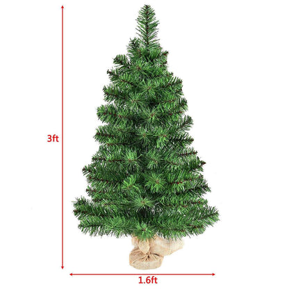 3-foot artificial Christmas tree with burlap base, shown with height and width measurements