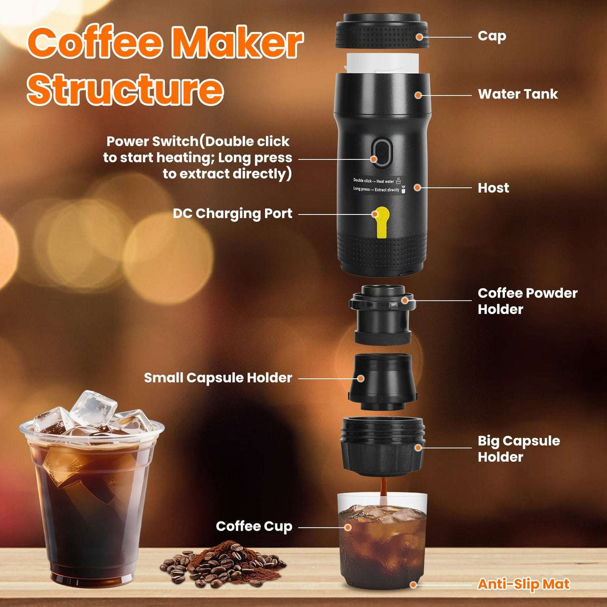 Portable espresso maker with detachable capsule and coffee powder holders.