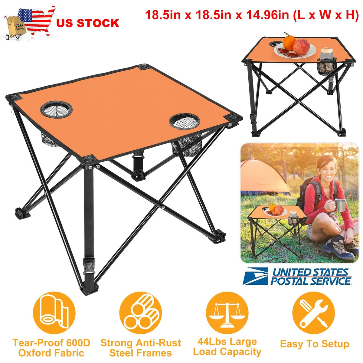 LakeForest Folding Camping Table with 2 Cup Holders – 600D Oxford, 44 lb Capacity | 18.5"x18.5" | 2.2 lbs | 1-Pc & 2-Pc Sets