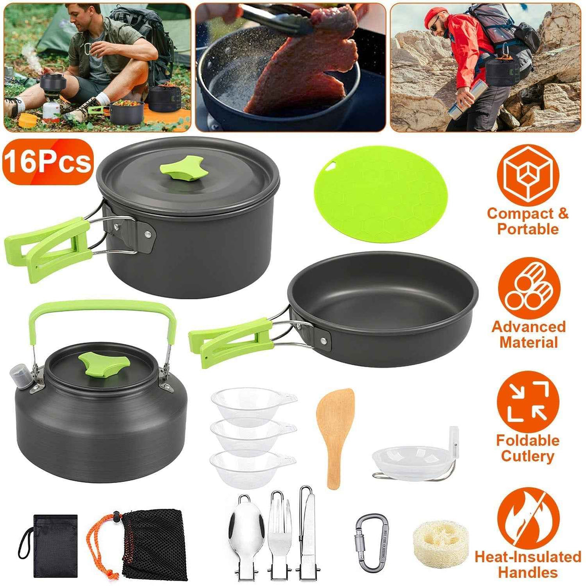 16-Piece Camping Cookware Set – Anodized Aluminum Pot, Pan, Kettle, Utensils, Bowls & Cutting Board | 2 Storage Bags