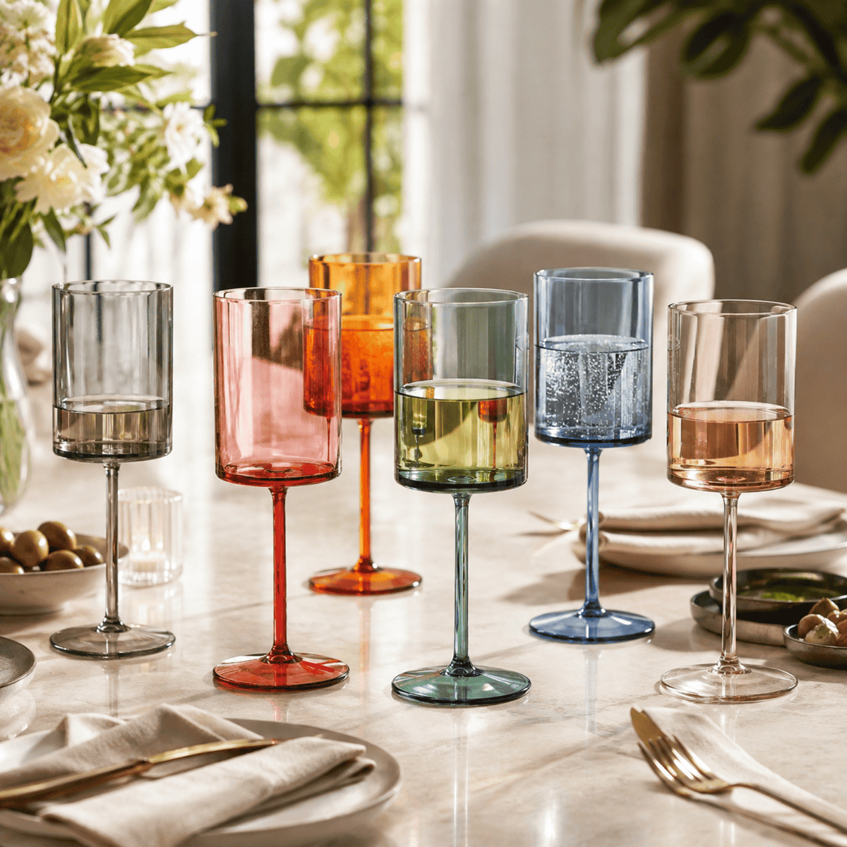 Table setting with assorted colored stemmed square acrylic wine glasses, clear to blue
