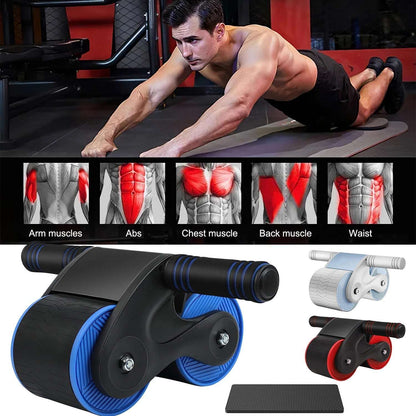 Person using an abdominal rebound wheel with kneel pad, black frame and blue wheel accents