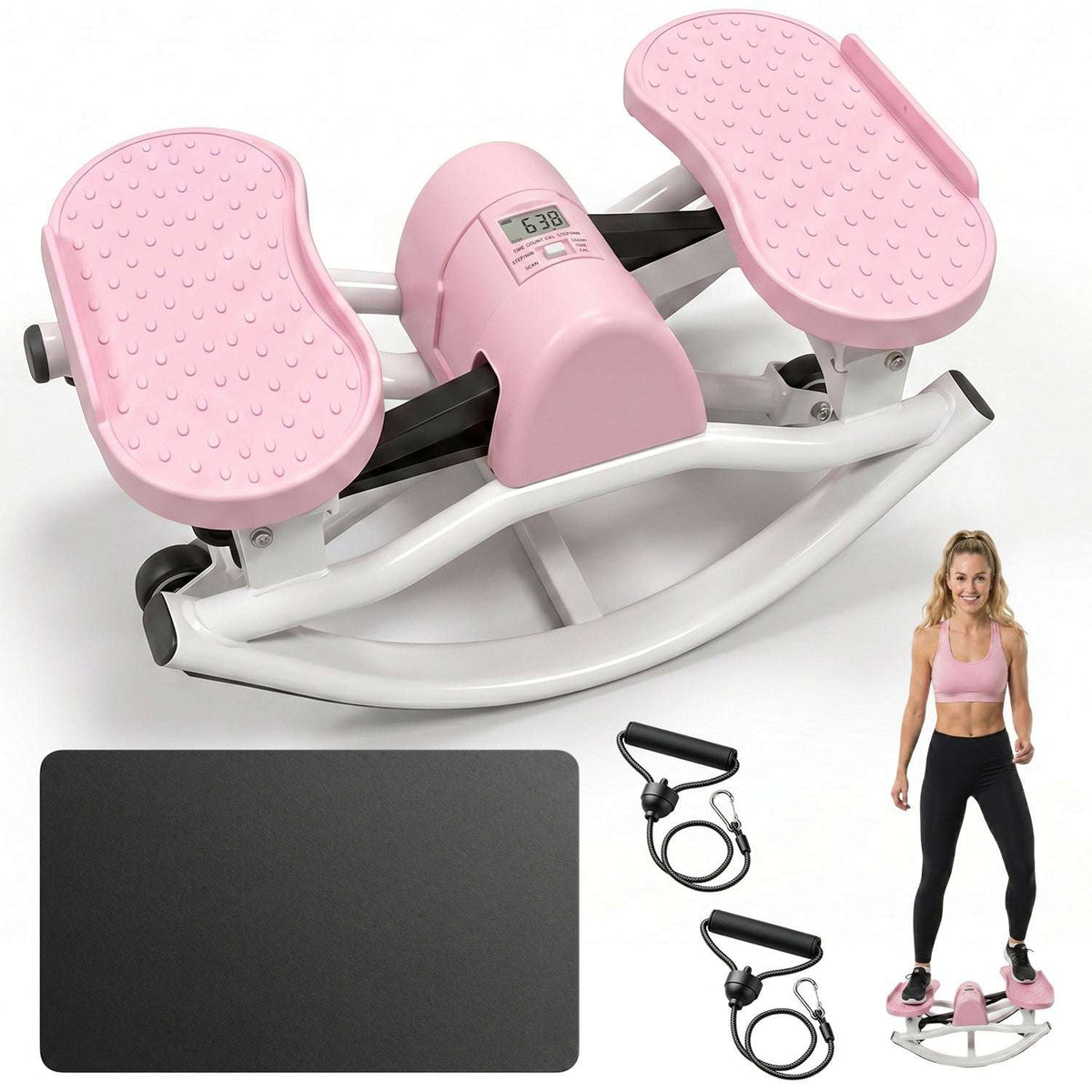 Pink and white swing stepper with LCD monitor, resistance bands, and non-slip mat