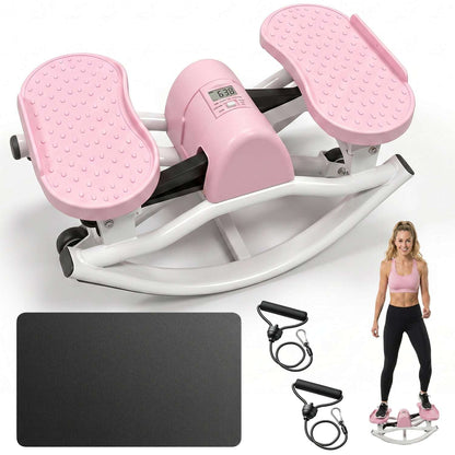 Pink and white swing stepper with LCD monitor, resistance bands, and non-slip mat