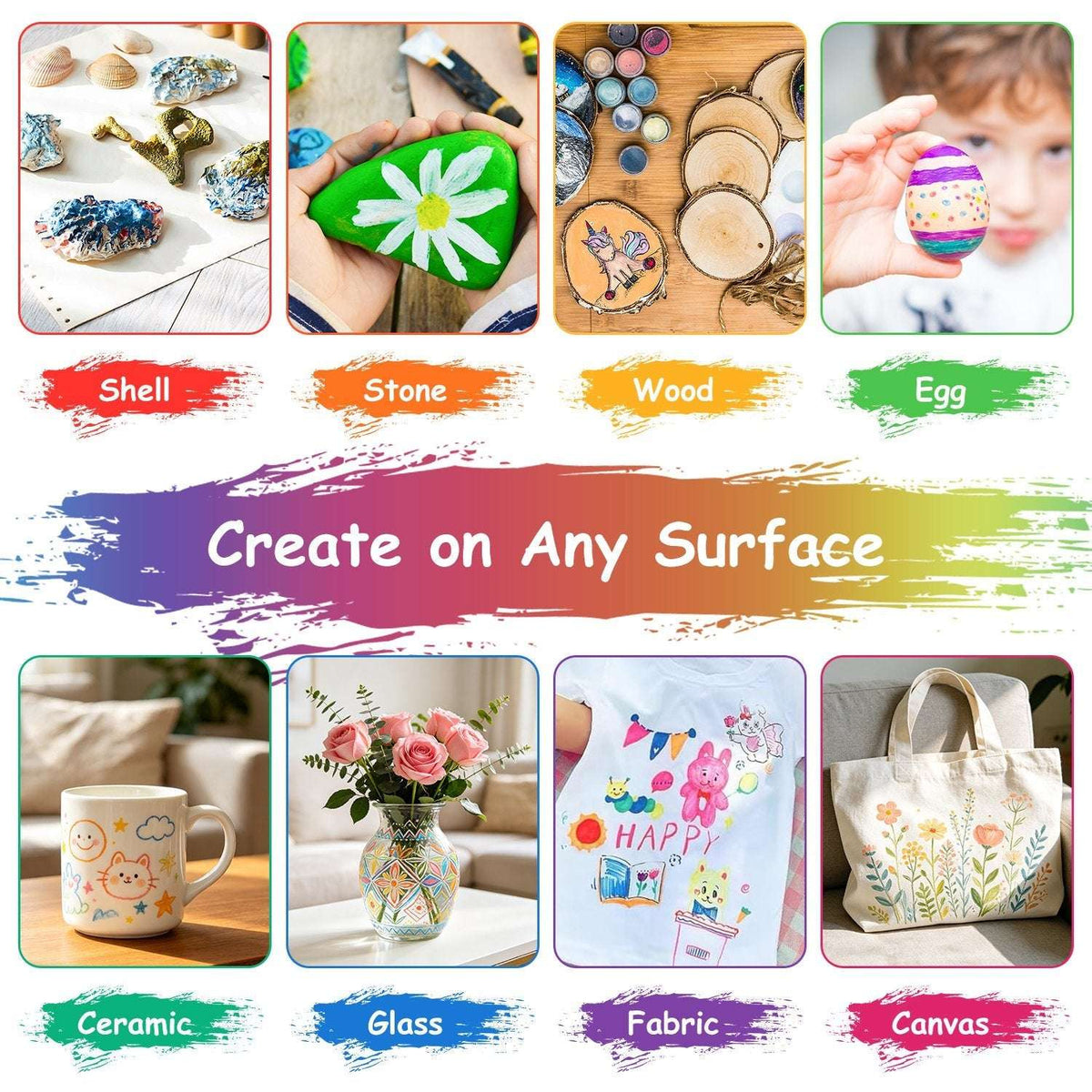 Mixed-surface acrylic marker project examples: ceramic, glass, fabric, canvas, egg.