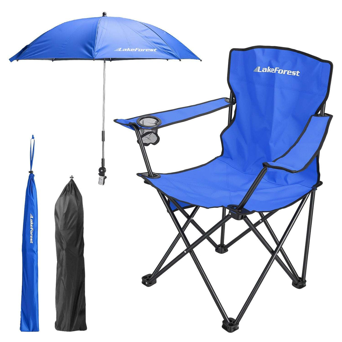 Foldable camping chair with umbrella in blue, showing side cup holder and carry bag