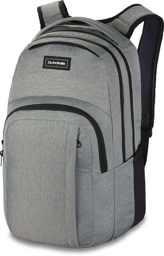 Dakine campus backpack in heather gray with front zip pocket and side carry handle.