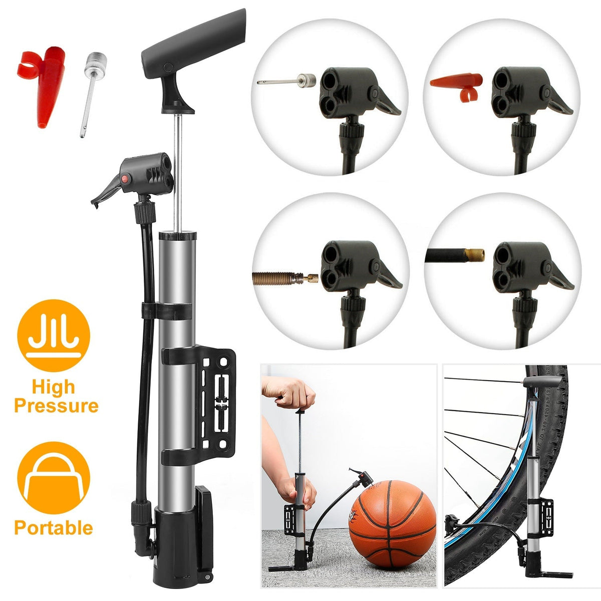 Gbruno Mini Bike Pump - Aluminum Portable Tire Inflator with Mount