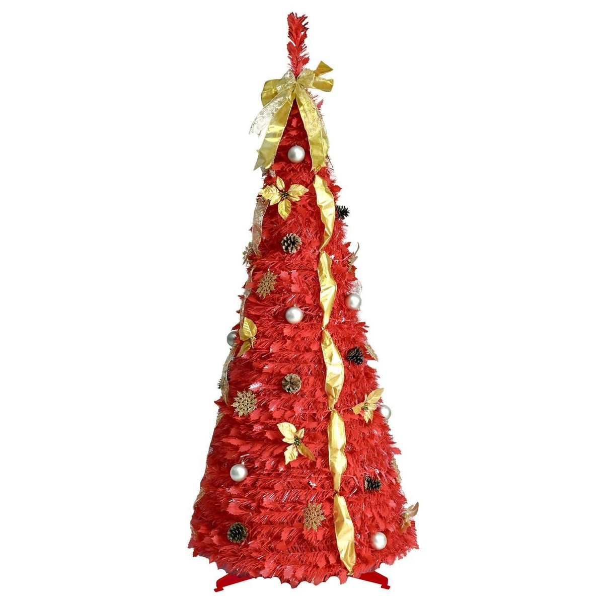 Six-foot red Christmas tree with gold ribbon, baubles, pine cones and gold ornaments