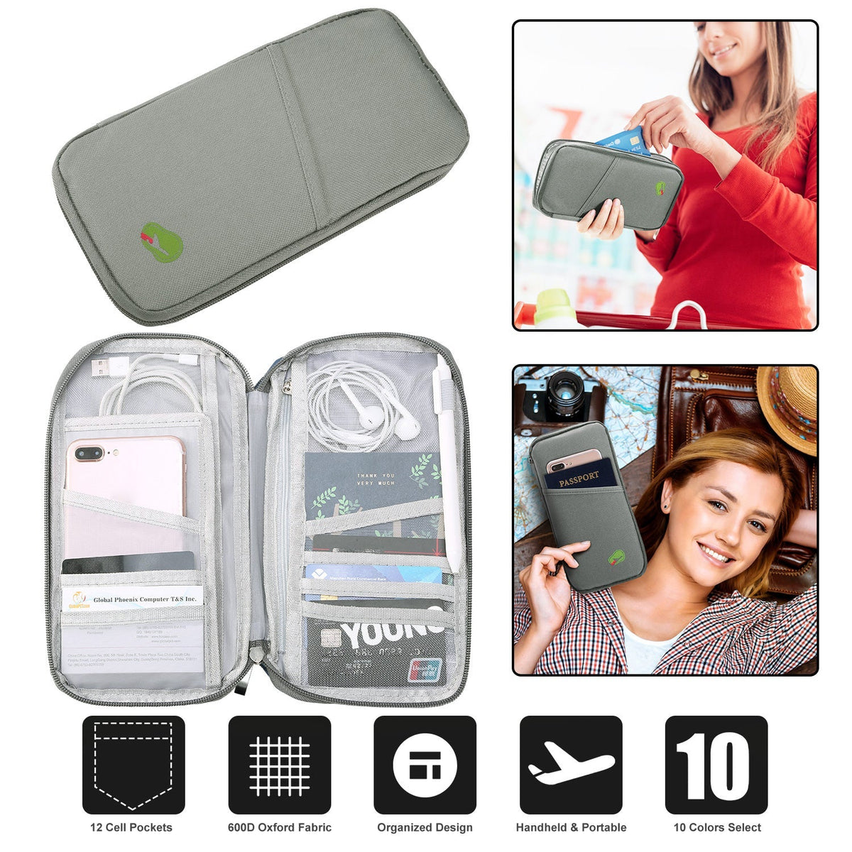 LJG Travel Passport Wallet – 12-Cell Organizer, Water-Repellent Zipper Case