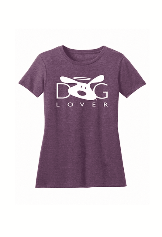 Women's heathered plum crew-neck T-shirt with white Dog Lover dog graphic