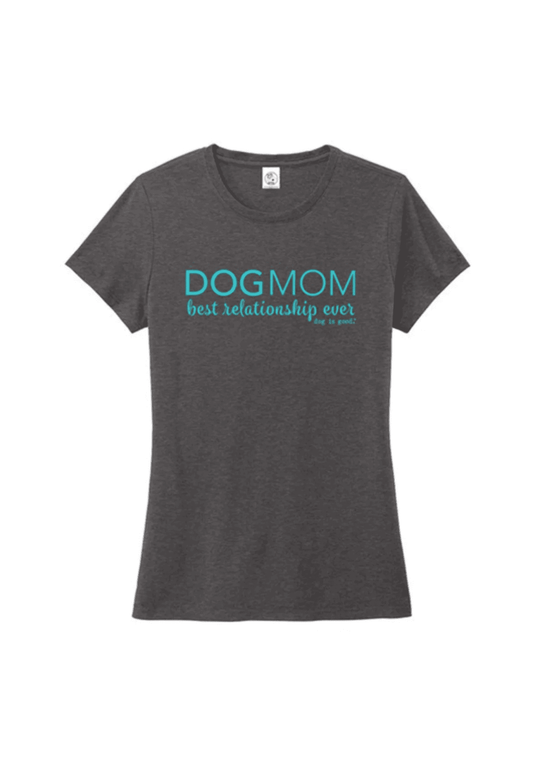 Women’s charcoal crew neck T-shirt with “DOG MOM” teal graphic at center front