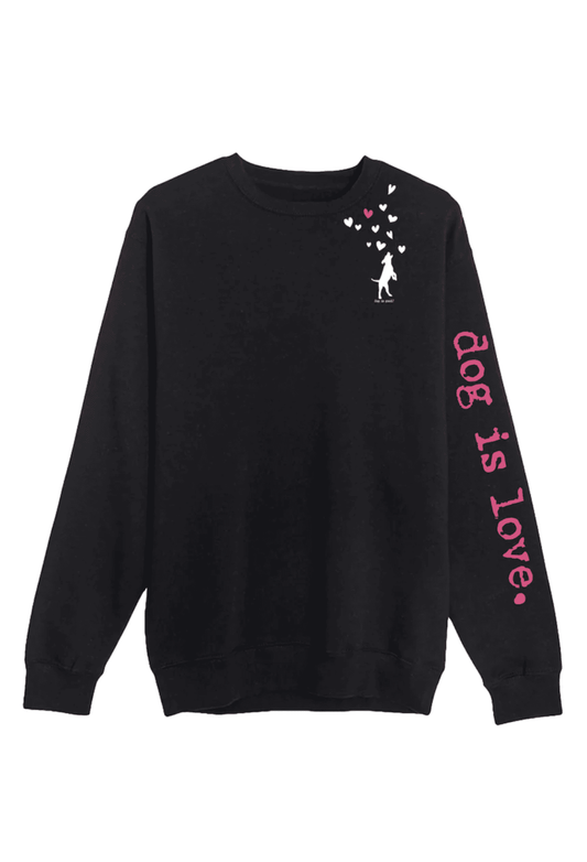 Black crewneck fleece with heart-and-dog chest graphic; pink 'dog is love' sleeve print