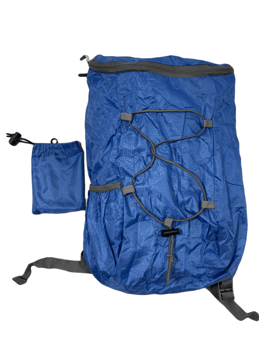 Packable blue day pack with bungee front and small attached pocket