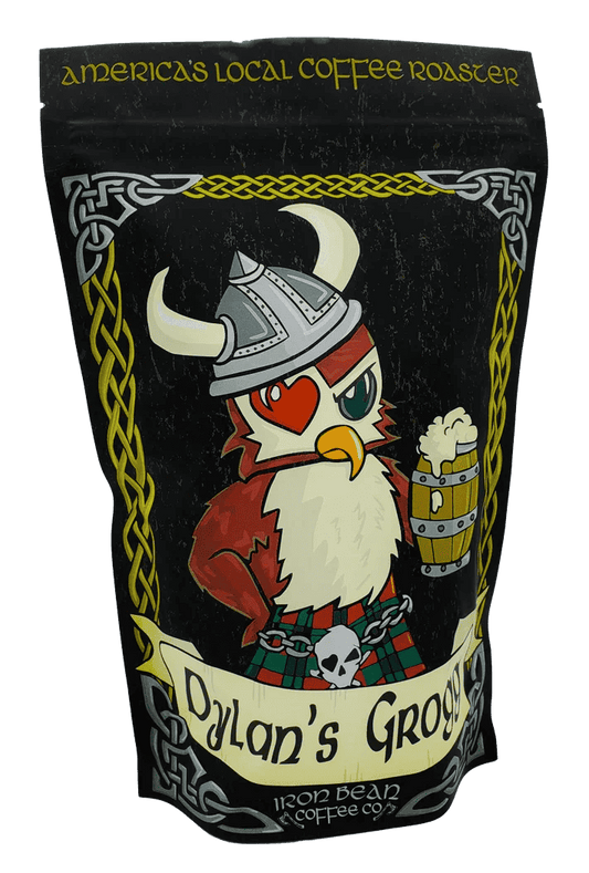 Grogg-flavored coffee bag, black pouch with cartoon Viking and gold Celtic border