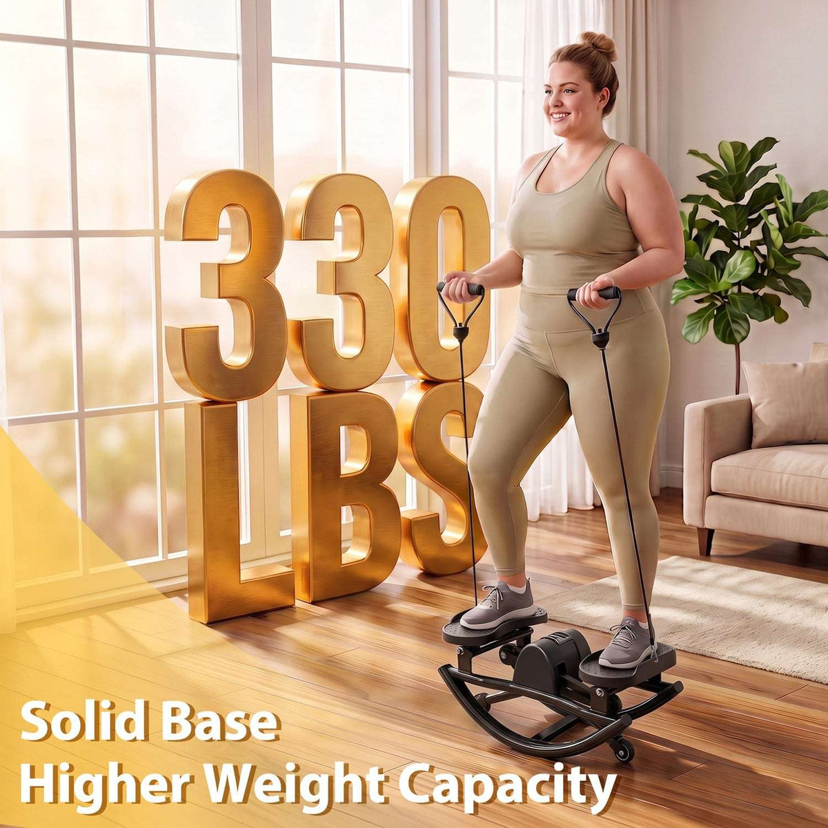 Woman exercising on a black swing stepper with resistance bands