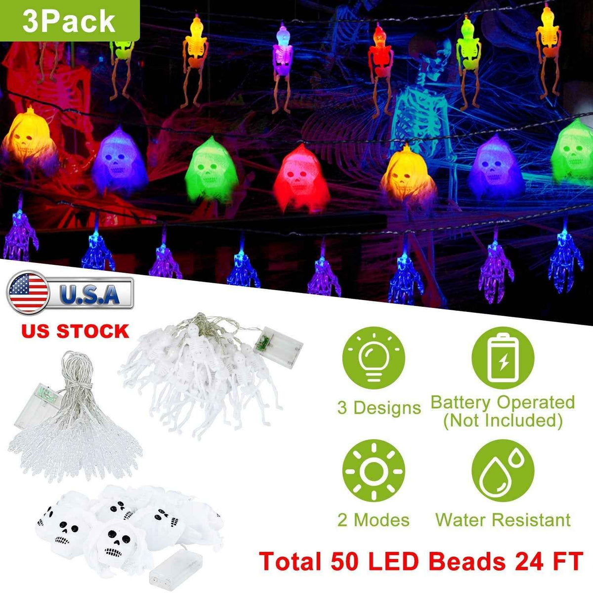 LJG 3-Piece Halloween LED String Lights - 24ft 50 LEDs Colorful