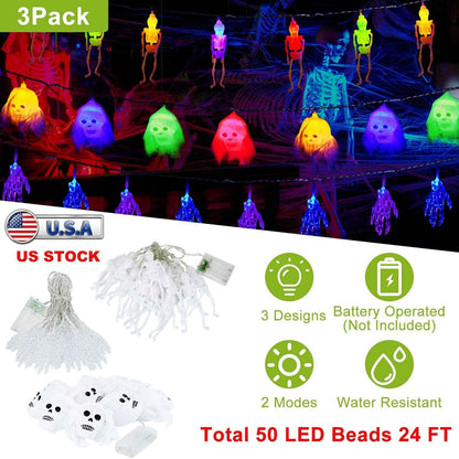 LJG 3-Piece Halloween LED String Lights - 24ft 50 LEDs Colorful