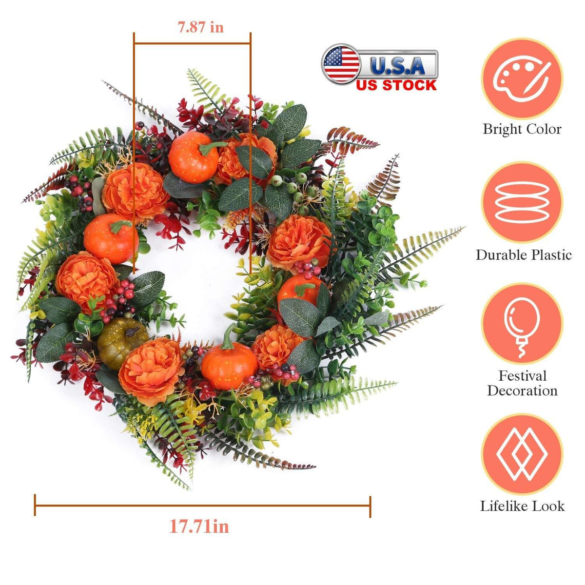 17.71 in autumn wreath with faux pumpkins, orange roses, and mixed green leaves