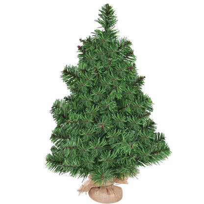 Artificial green Christmas tree with full branches and a burlap-wrapped base