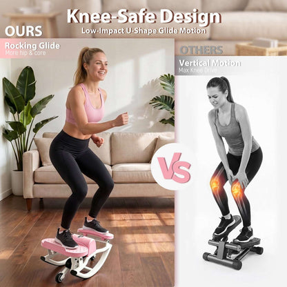 Woman exercising on a swing stepper beside a comparison with a vertical-motion stepper
