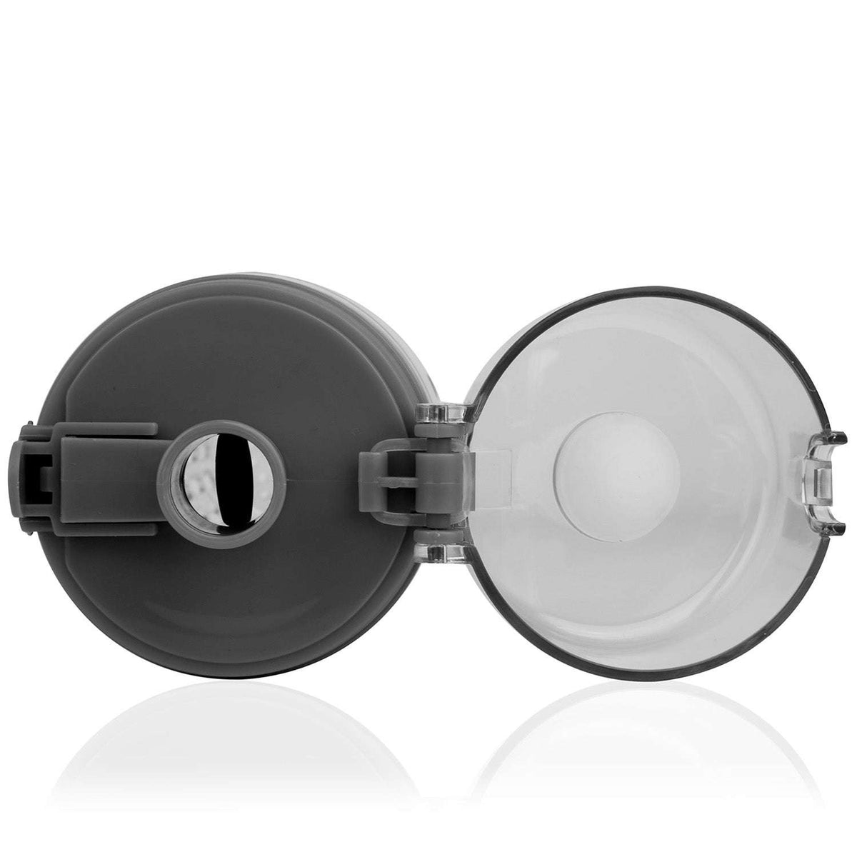 Fruit infuser bottle lid components, black and clear halves with gasket, open view