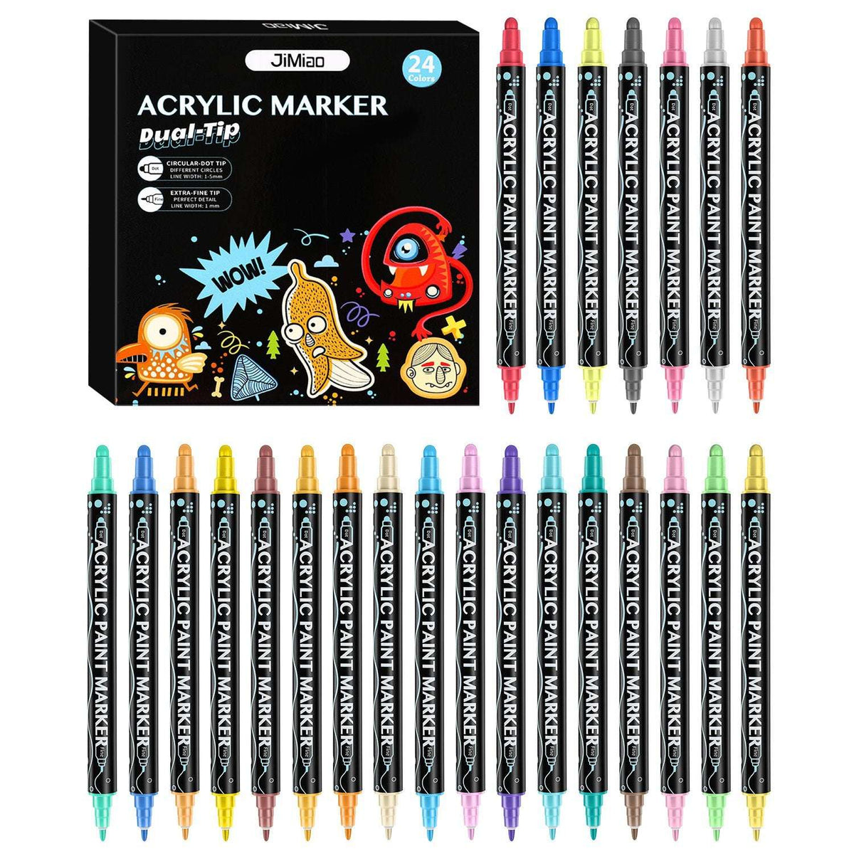 Acrylic paint marker set with dual tips, 24-color pen lineup in display