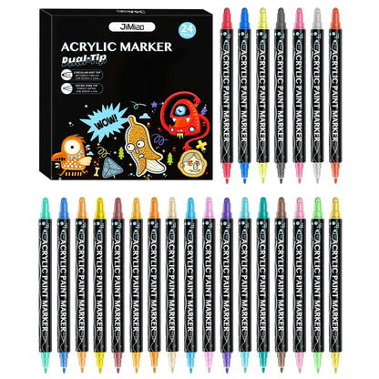 Acrylic paint marker set with dual tips, 24-color pen lineup in display