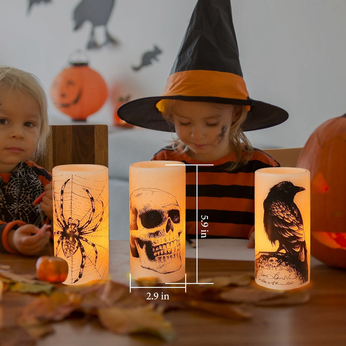3-Pack Halloween Flameless Candle Lamps with Timer – Spider, Crow & Skull