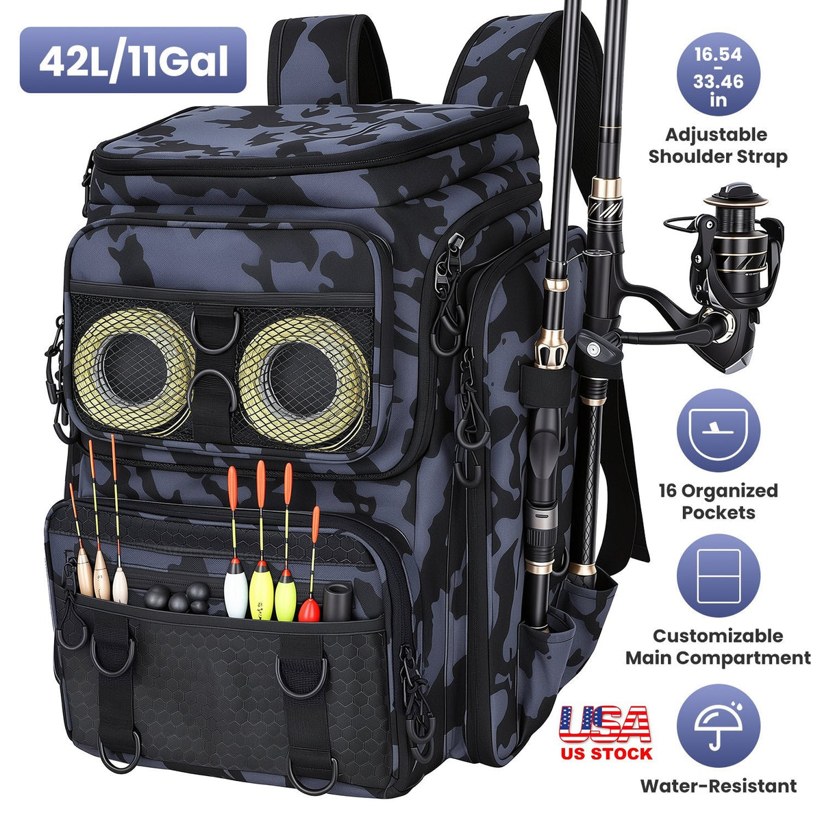LakeForest Fishing Backpack – 42L, 16 Pockets, Dual Rod Holders & 8 D-Rings | 900D Polyester | 14.96"x9.06"x18.9" | Camo