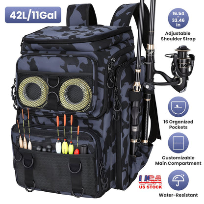 LakeForest Fishing Backpack – 42L, 16 Pockets, Dual Rod Holders & 8 D-Rings | 900D Polyester | 14.96"x9.06"x18.9" | Camo
