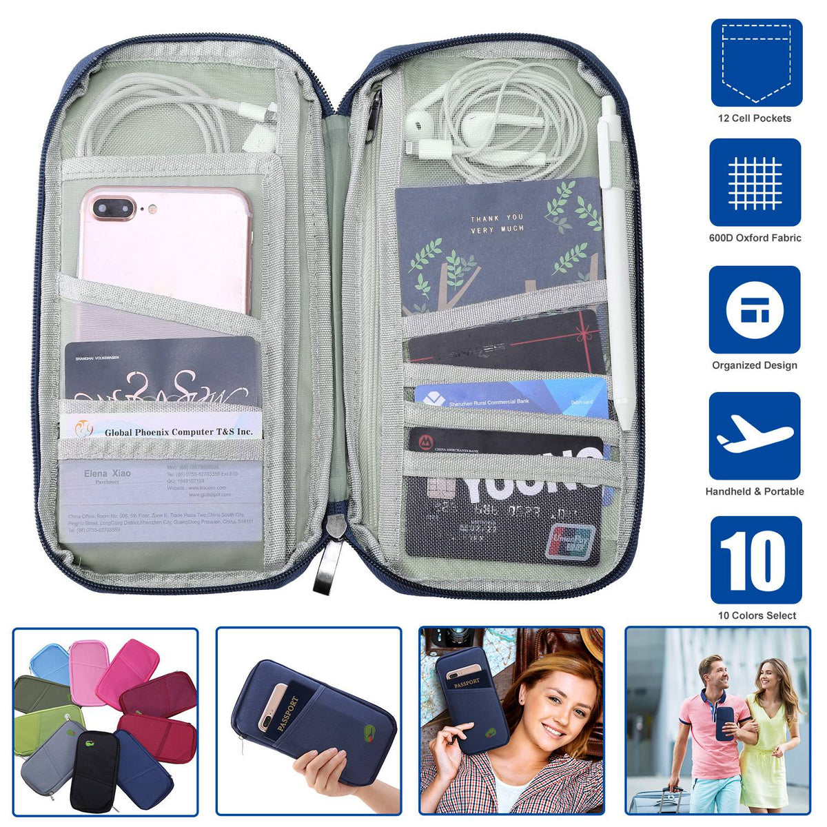 LJG Travel Passport Wallet – 12-Cell Organizer, Water-Repellent Zipper Case – Royal Blue