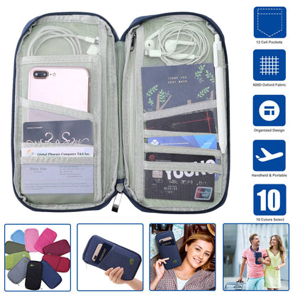 LJG Travel Passport Wallet – 12-Cell Organizer, Water-Repellent Zipper Case – Royal Blue