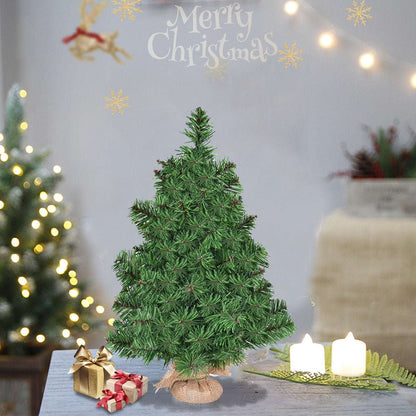 3-foot artificial green Christmas tree with a burlap-wrapped base