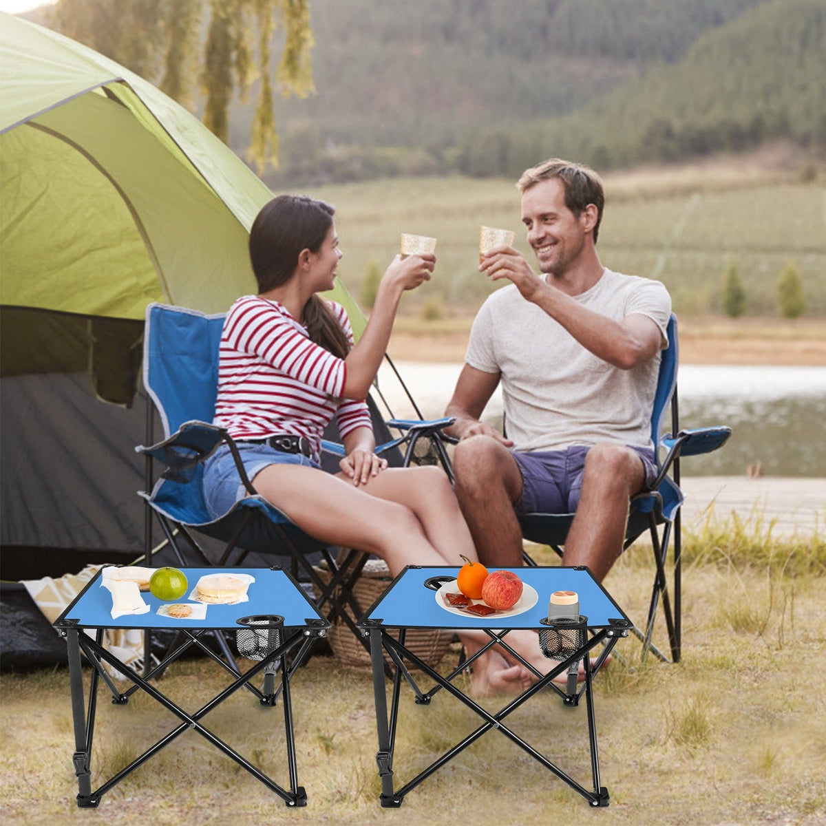 LakeForest Folding Camping Table with 2 Cup Holders – 600D Oxford, 44 lb Capacity | 18.5"x18.5" | 2.2 lbs | 1-Pc & 2-Pc Sets