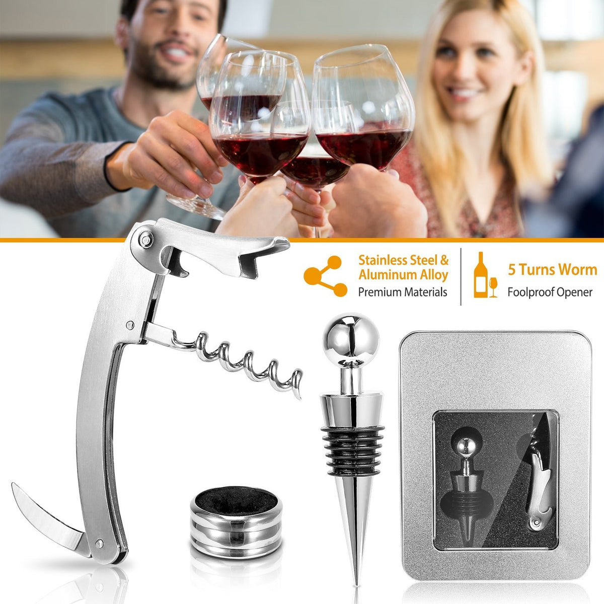 Wine Opener Set with Corkscrew, Foil Cutter, Drip Collar and Cork Stopper