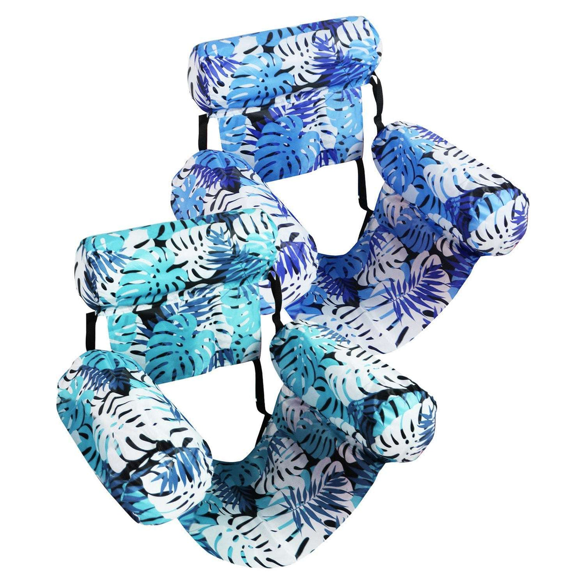 Two-pack inflatable pool hammock floats, light and dark blue leaf print, PVC lounger