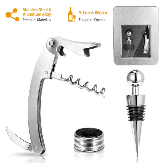 Wine Opener Set with Corkscrew, Foil Cutter, Drip Collar and Cork Stopper
