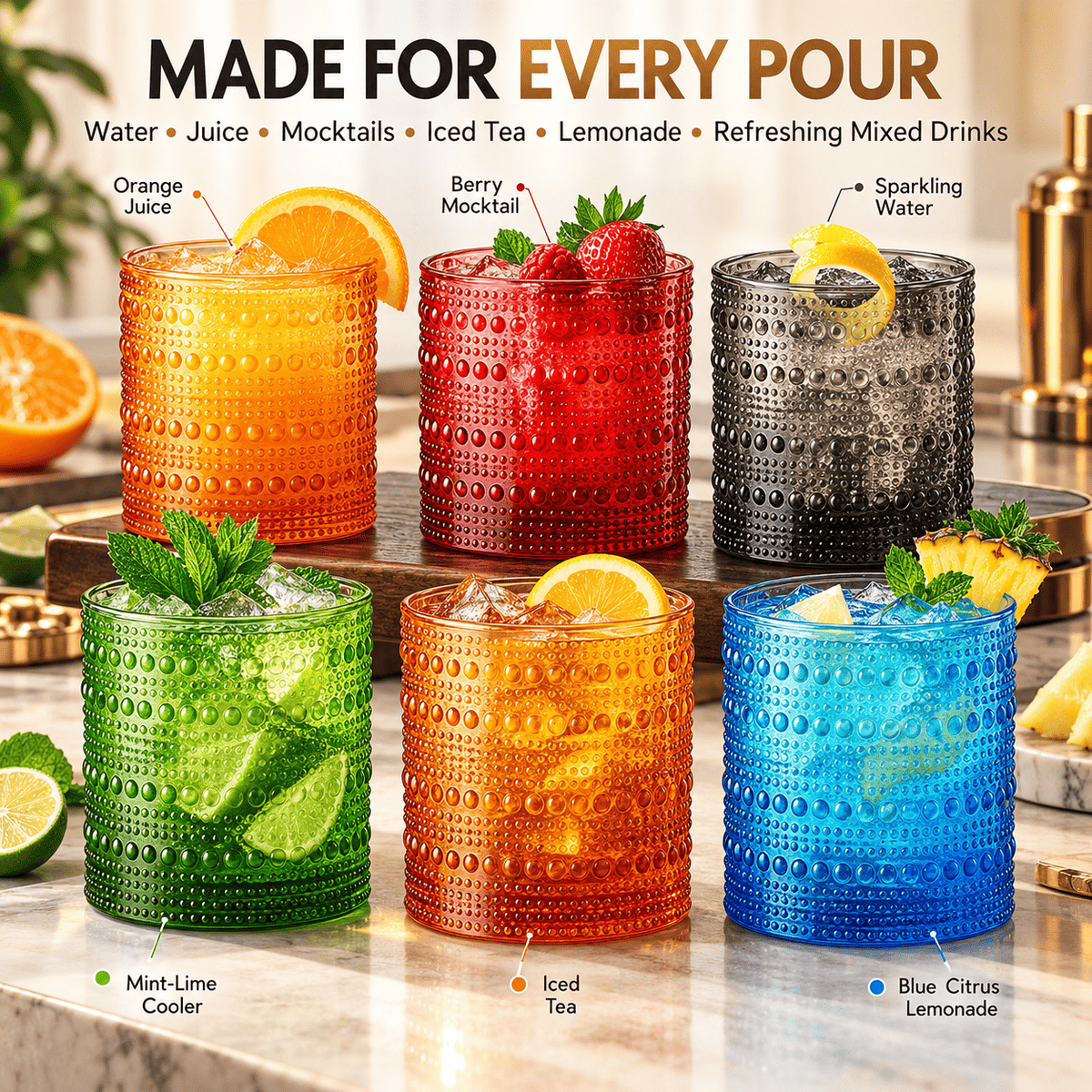 Assorted-color hobnail acrylic lowball glasses with raised dot texture