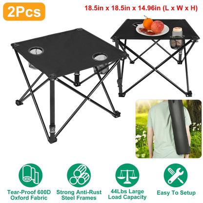LakeForest Folding Camping Table with 2 Cup Holders – 600D Oxford, 44 lb Capacity | 18.5"x18.5" | 2.2 lbs | 1-Pc & 2-Pc Sets