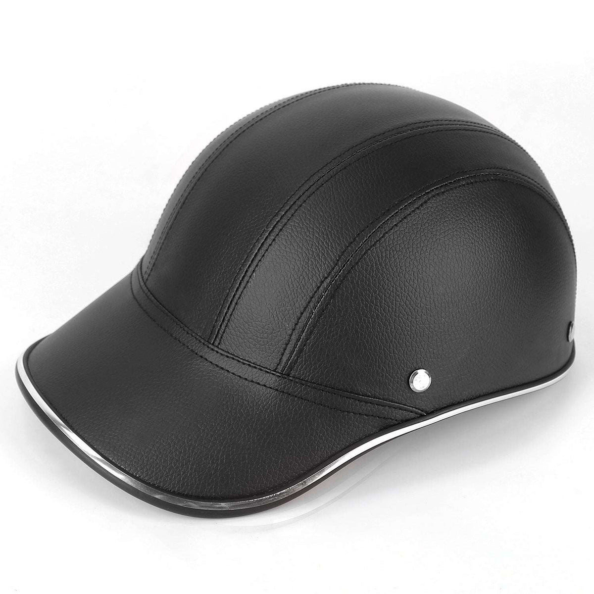 Black leather bicycle helmet cap with curved brim and small metal button detail.