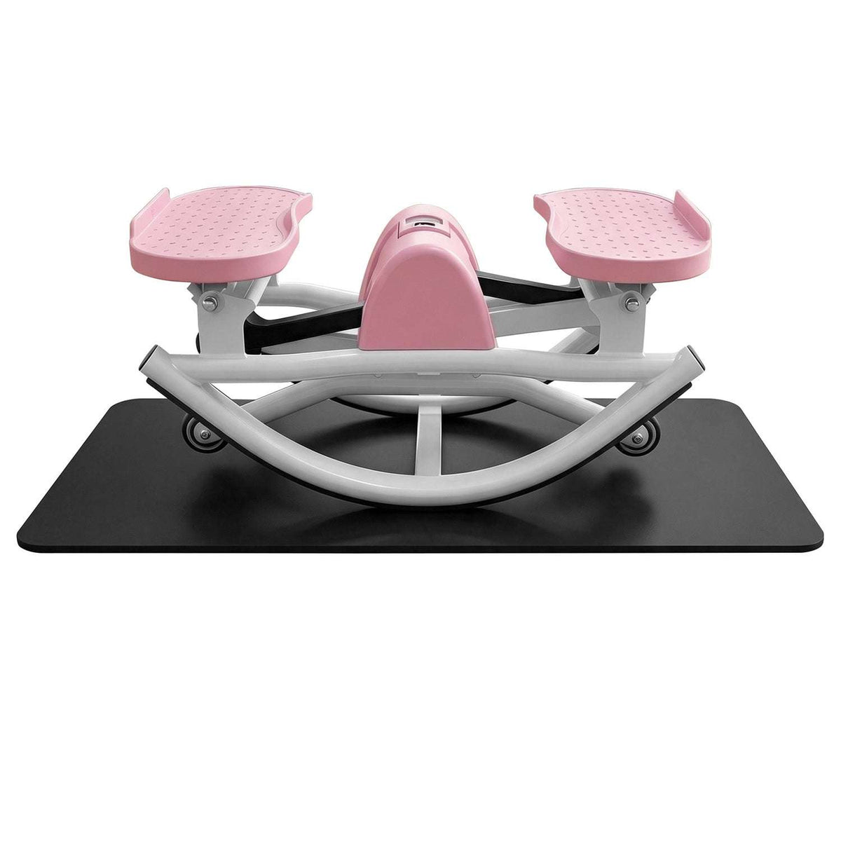 Front view of a pink and white swing stepper with textured pedals and curved frame