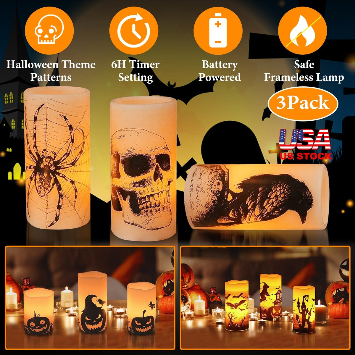 3-Pack Halloween Flameless Candle Lamps with Timer – Spider, Crow & Skull