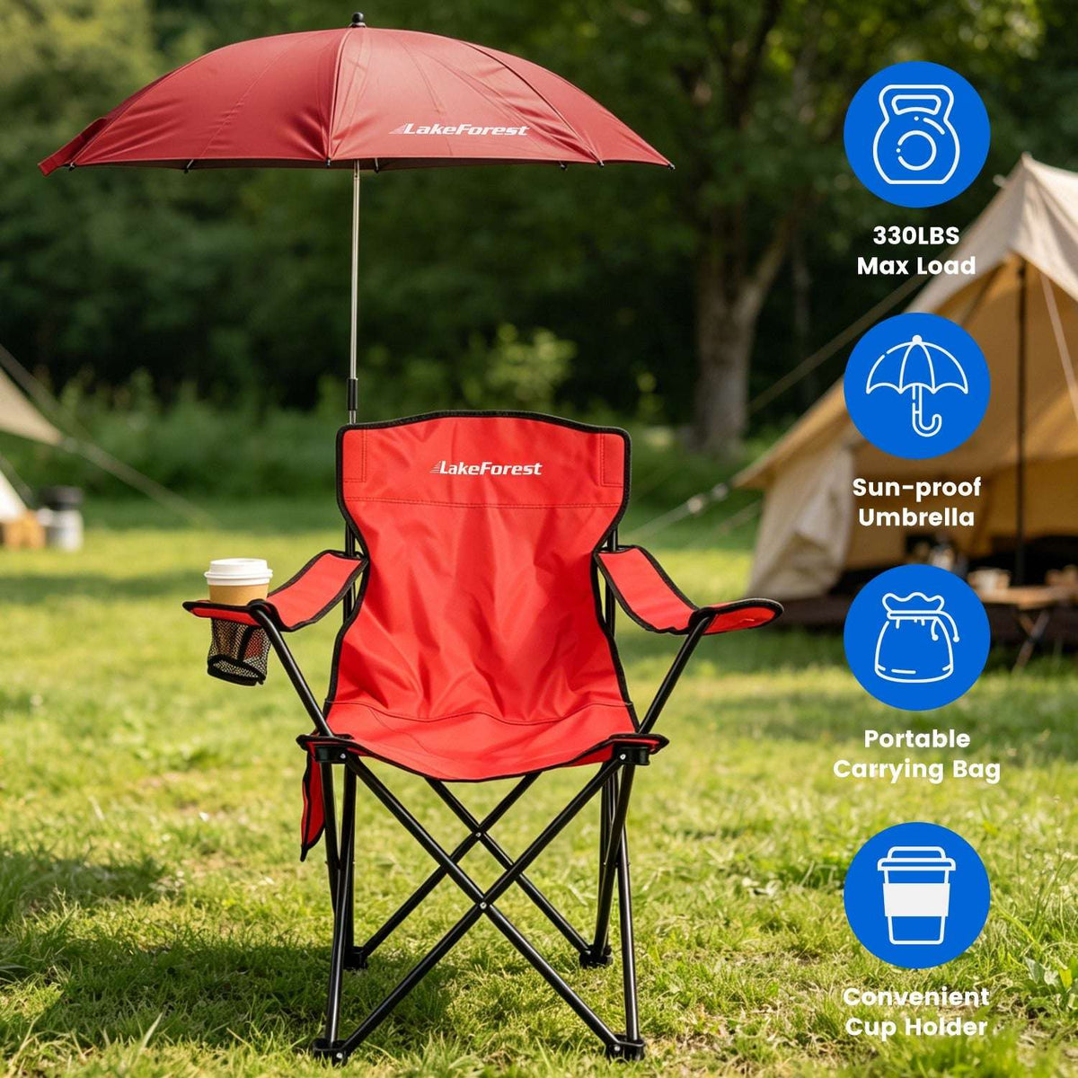 Foldable camping chair with umbrella, red seat with black armrests and mesh cup holder