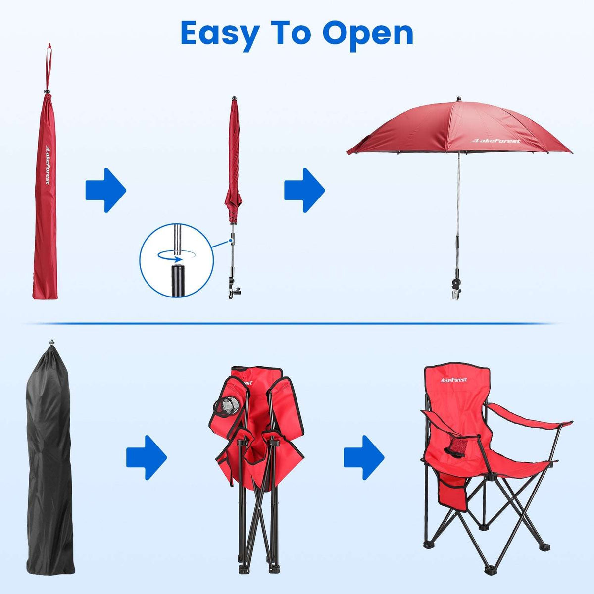 Foldable camping chair with umbrella, open and folded storage bag components