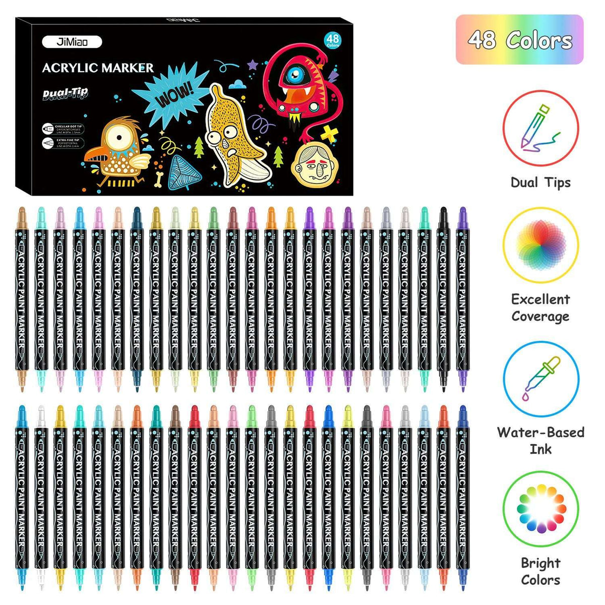 48-color dual-tip acrylic paint marker set with 48 assorted markers and color lineup.
