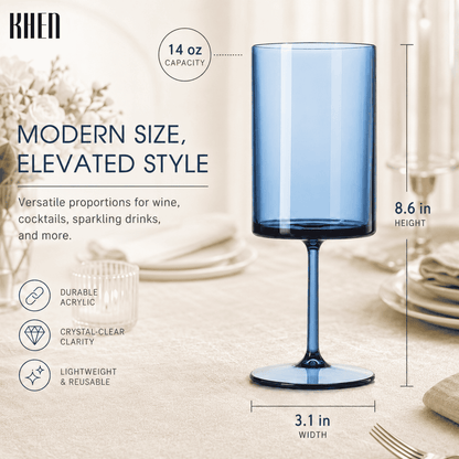 Blue stemmed square acrylic wine glass, 14 oz capacity, modern stem and base