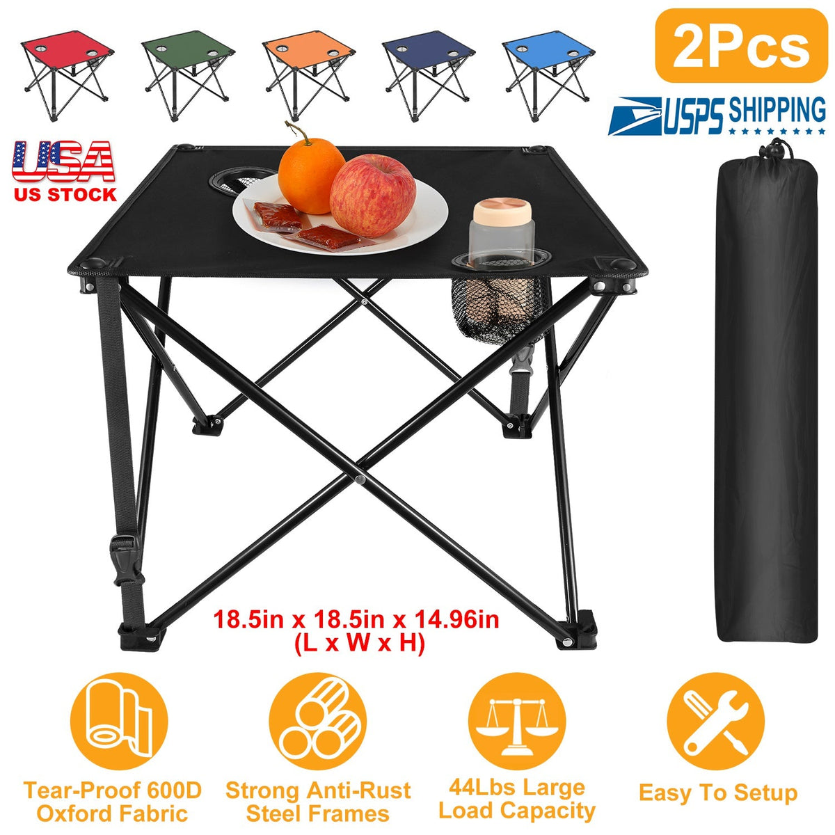 LakeForest Folding Camping Table with 2 Cup Holders – 600D Oxford, 44 lb Capacity | 18.5"x18.5" | 2.2 lbs | 1-Pc & 2-Pc Sets