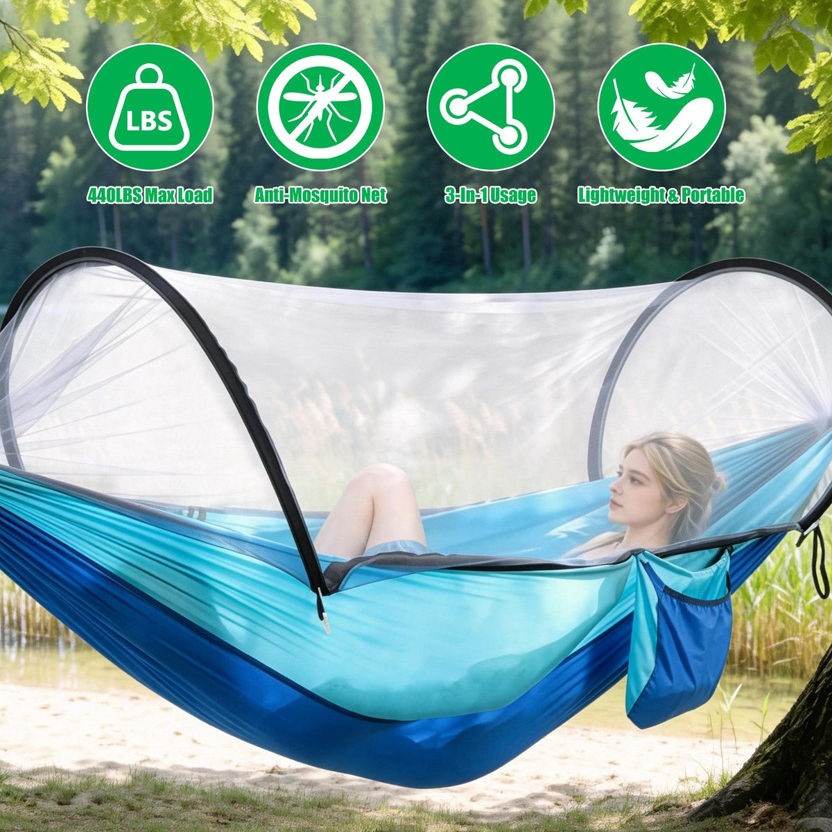 3-in-1 Camping Hammock with Mosquito Net – 440 lb Capacity, 70D Nylon | Pop-Up Net, Dual Zippers | 1.43 lbs | 3 Colors