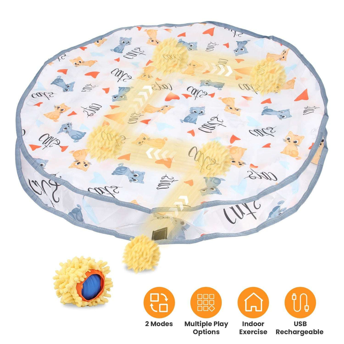 Round cat play mat with animal print, blue edge, and three fuzzy ball toys